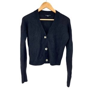 Quince Alpaca Wool Blend Ribbed V-Neck Cardigan Sweater Black Women Medium